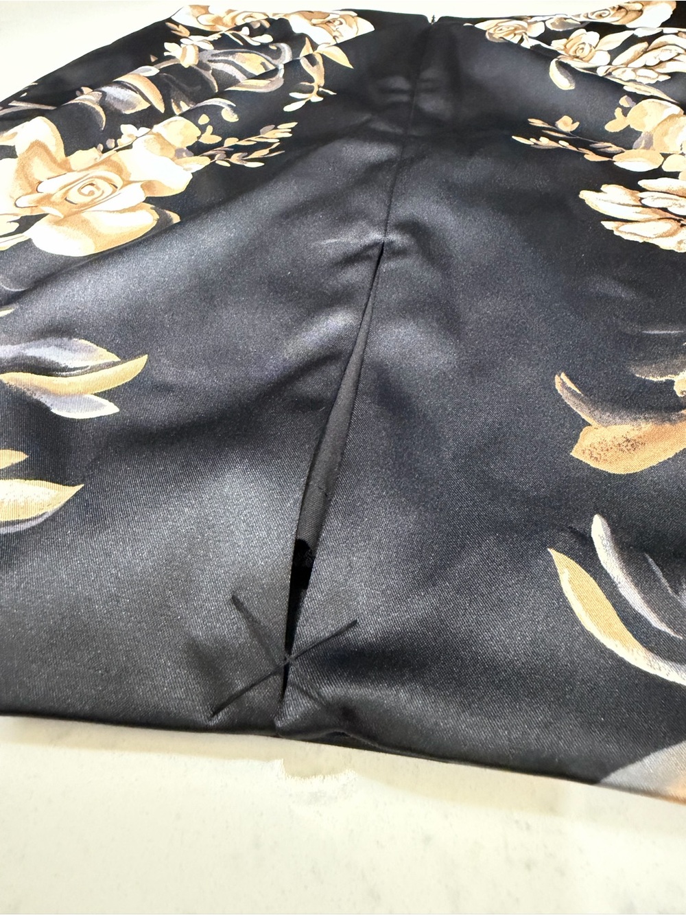 White House Black Market Black Satin Mini Skirt with Beige Floral Print - Picture 12 of 16
